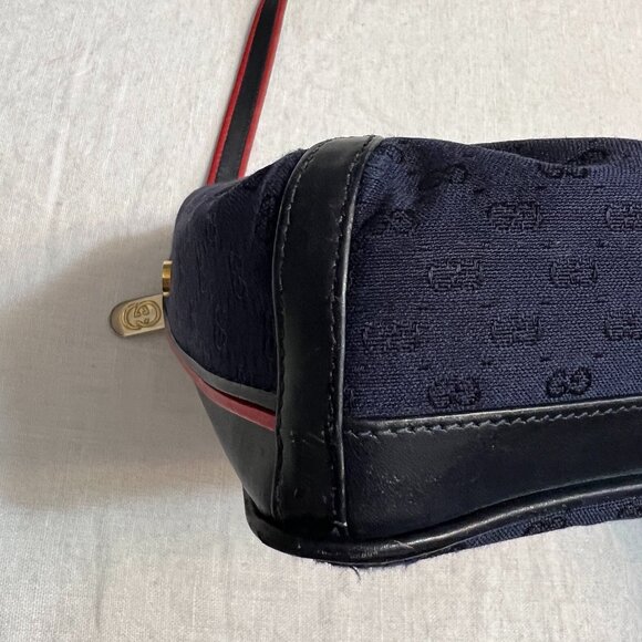Vintage Gucci GG Monogram Navy Canvas Leather Crossbody Bag Red Trim Logo Italy - Picture 8 of 12